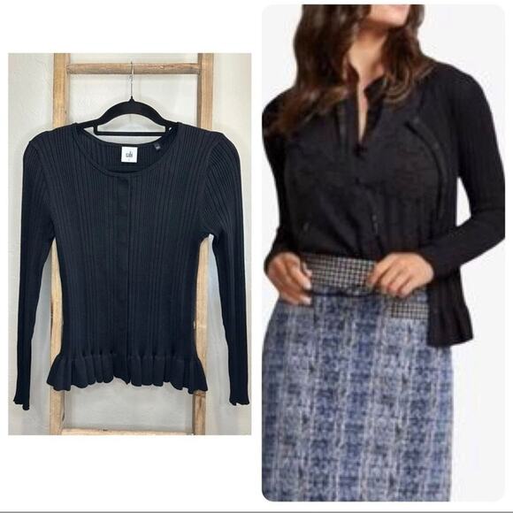 CABI Peplum Ruffle Party Ribbed Sweater Cardigan Black  Women’s Size L NWOT - Picture 1 of 11